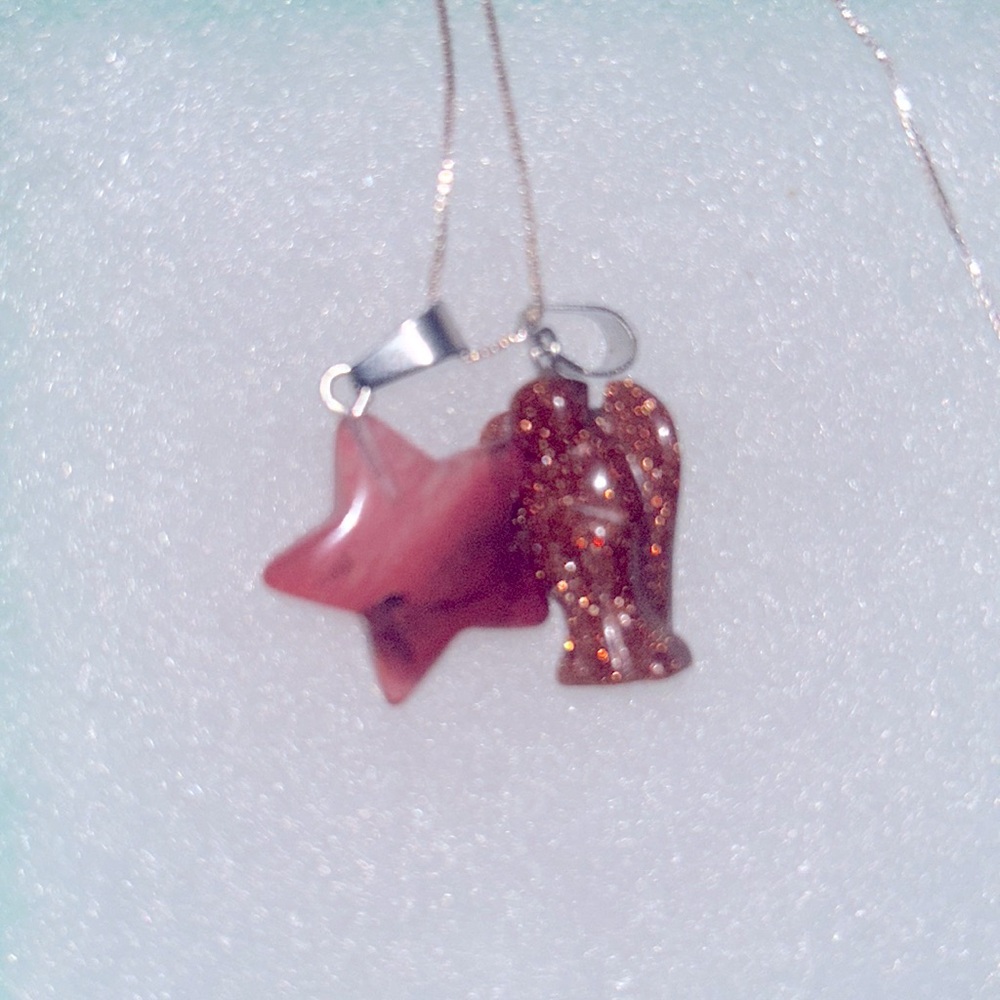 Boho Goldstone Crystal Angel & Cherry Quartz Star Sterling Silver Ne…